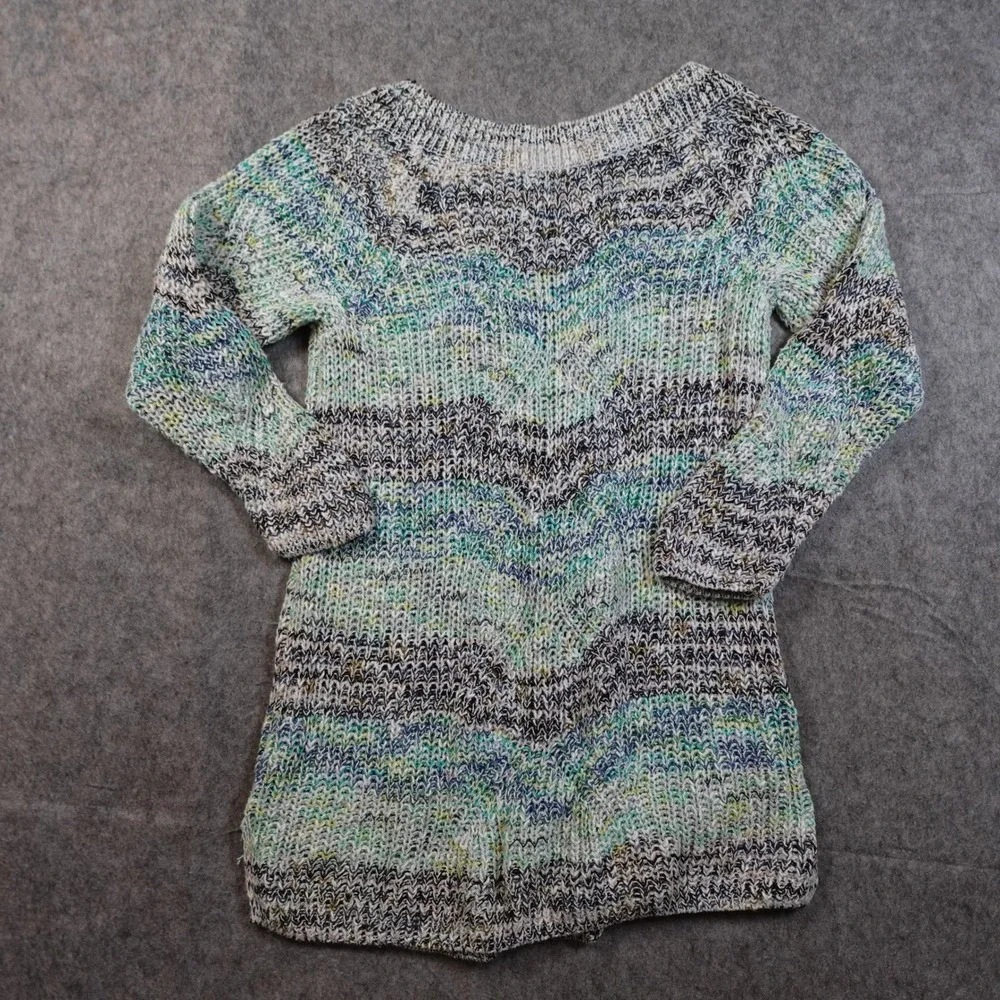 J Jill Sweater Womens Small Tunic Chunky Knit Marled Blue Stripe Cotton Pullover